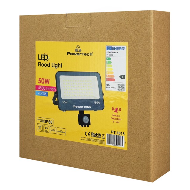 POWERTECH LED προβολέας PT-1618 με αισθητήρα κίνησης, 50W, 4000K, 4500lm, IP66, 4KV