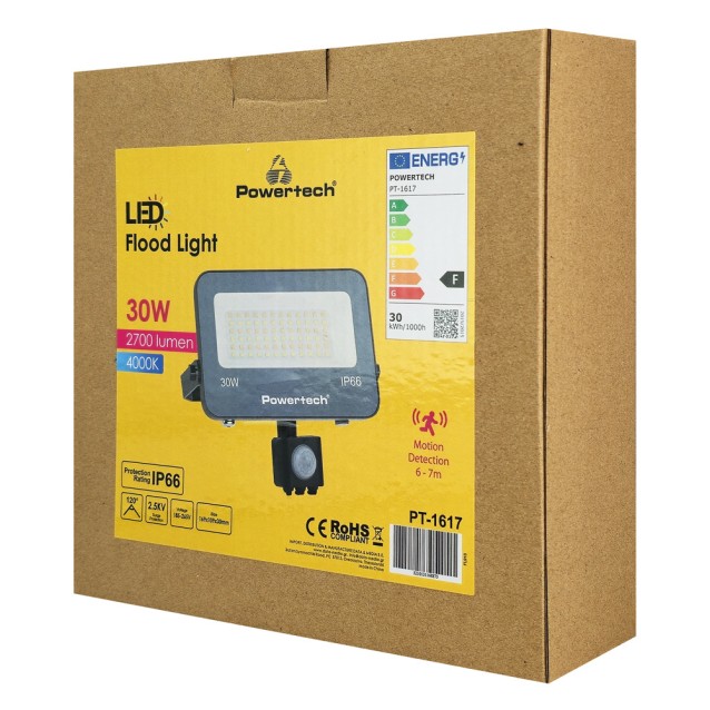 POWERTECH LED προβολέας PT-1617 με αισθητήρα κίνησης, 30W, 4000K, 2700lm, IP66, 2.5KV