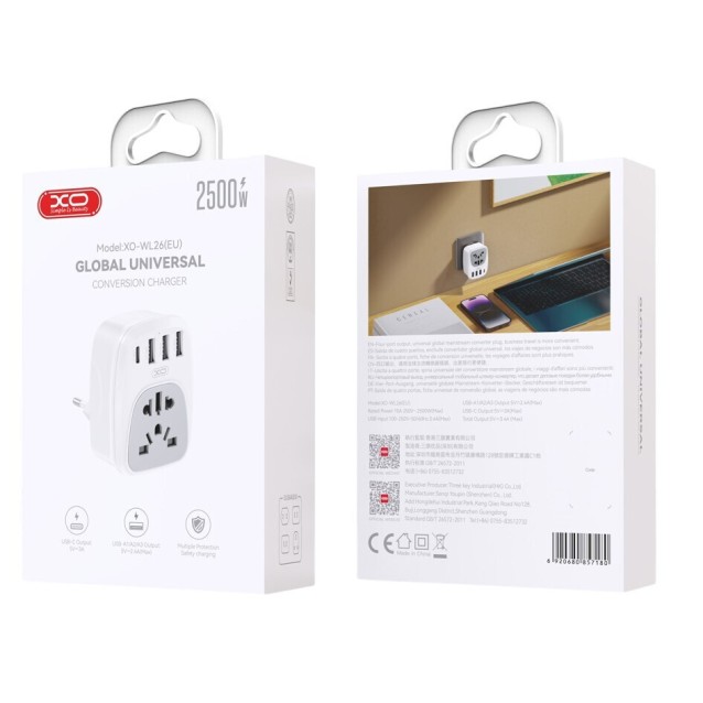 XO WL26 Universal αντάπτορας τροφοδοσίας σε schuko και με 4 εξόδους, 3xUSB-A & 1x USB-C