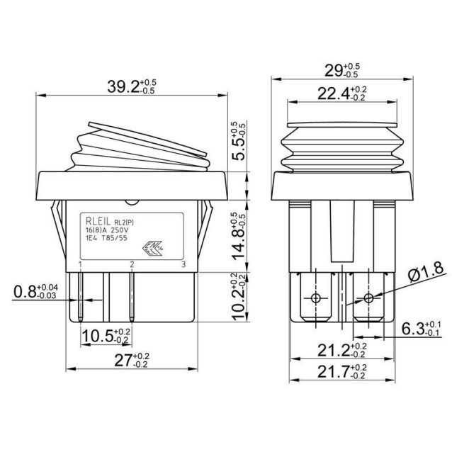 ΔΙΑΚΟΠΤΗΣ ROCKER ΜΕΓΑΛΟΣ 6P ON-OFF-ON 16A/250V IP40 MAYΡΟ RL2(P) YNX/DIE