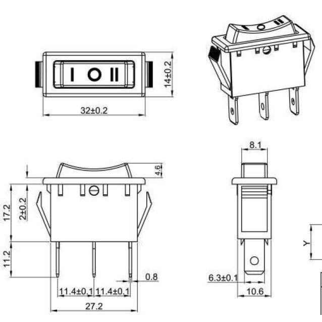 ΔΙΑΚΟΠΤΗΣ ROCKER ΜΕΣΑΙΟΣ 3P ON-OFF-ON 22A/250V ΜΑΥΡΟΣ R1130 HNO ΤΕΜΑΧΙΟ