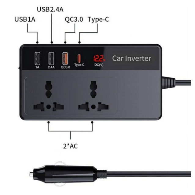 POWERTECH inverter αυτοκινήτου PTL-023, 200W, 12V DC σε 220V AC, με USB-C/3x USB