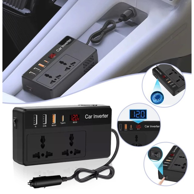 POWERTECH inverter αυτοκινήτου PTL-023, 200W, 12V DC σε 220V AC, με USB-C/3x USB