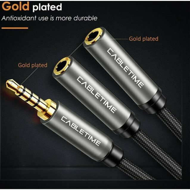 CABLETIME καλώδιο ήχου 3.5mm σε 2x 3.5mm CT-P12G4P, 4-pole, 20cm, μαύρο