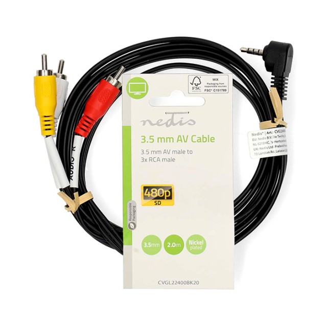 Nedis Καλώδιο 3.5mm male - 3x RCA male Μαύρο 2m (CVGL22400BK20)