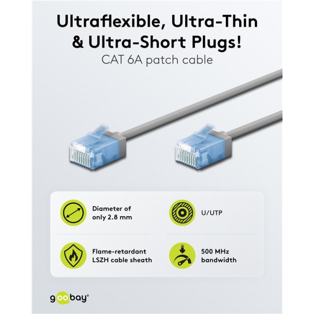 GOOBAY καλώδιο δικτύου 74224, CAT 6A U/UTP, slim, copper, 500MHz, 3m, γκρι