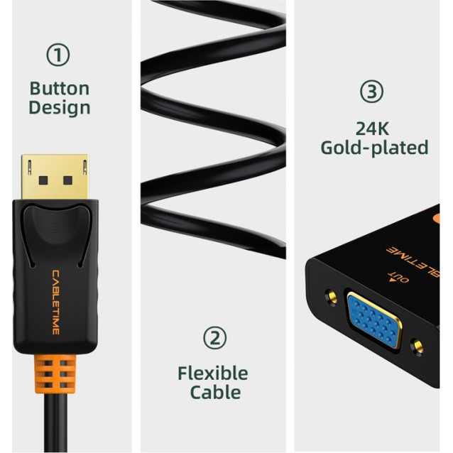 CABLETIME αντάπτορας DisplayPort σε VGA CT-AV586-03G, 1080p/60Hz, μαύρος