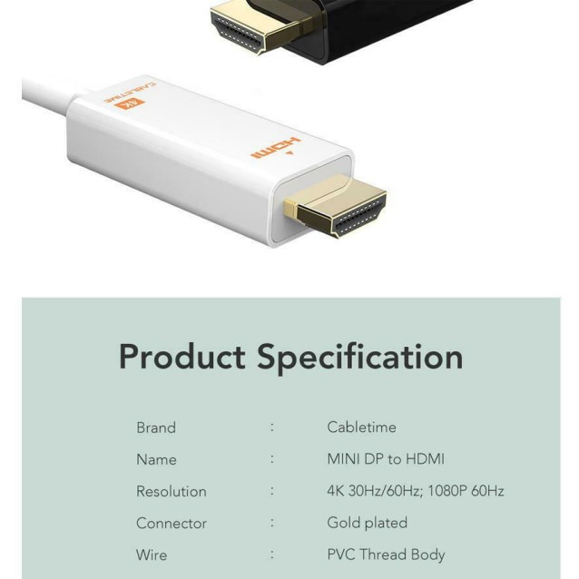 CABLETIME καλώδιο mini DisplayPort σε HDMI CT-AV588-03G4K, 4K/30Hz, 1m, λευκό