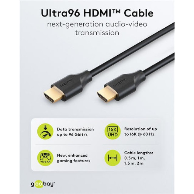 GOOBAY καλώδιο HDMI 2.2 80091, 16K/60Hz, 96 Gbps, 1m, μαύρο