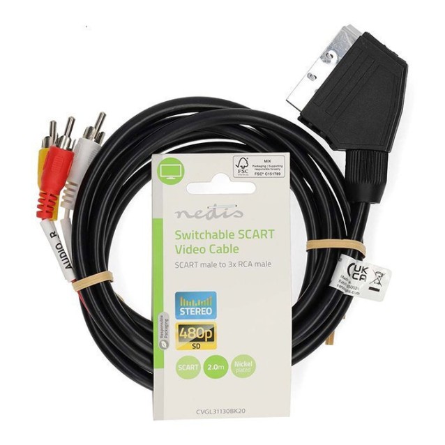 NEDIS CVGL31130BK20 Καλώδιο SCART αρσ. - 3x RCA αρσ. με διακόπτη (in/out), 2.00m.