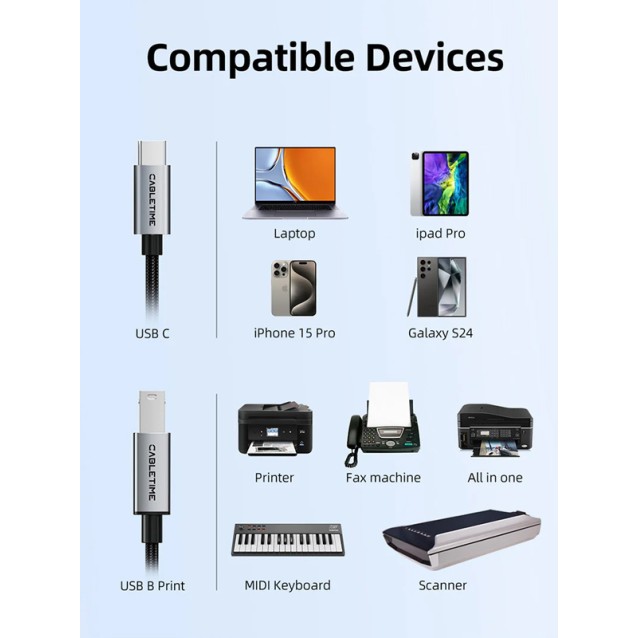 CABLETIME καλώδιο USB-C σε USB Type B CT-CMBM1, 480Mbps, 2m, μαύρο