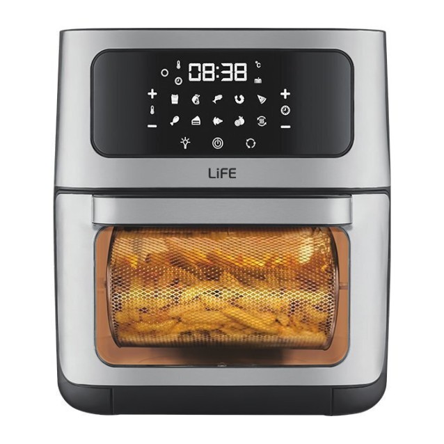 LIFE FRIED GOLD Φριτέζα αέρος 12L, με ψηφιακή οθόνη LED, γυάλινη πόρτα και φωτιζόμενο κάδο, 1800W