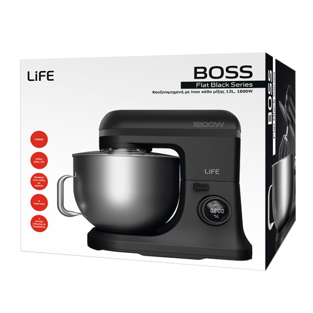 LIFE BOSS Flat Black Series Κουζινομηχανή με inox κάδο μίξης 12L, 1800W