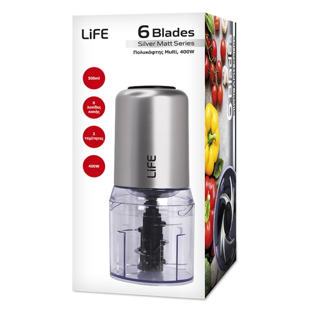 LiFE 6 BLADES Silver Matt Series Multi Mixer 400W, με δοχείο μίξης 500ml και 6 λεπίδες κοπής