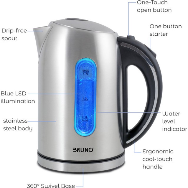 BRUNO Ηλεκτρικός βραστήρας BRN-0028, 2200W, 1.7lt, βάση 360°, LED
