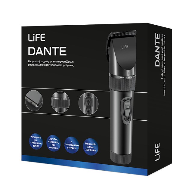 LIFE DANTE Κουρευτική μηχανή, με επαναφορτιζόμενη μπαταρία λιθίου και τροφοδοσία ρεύματος