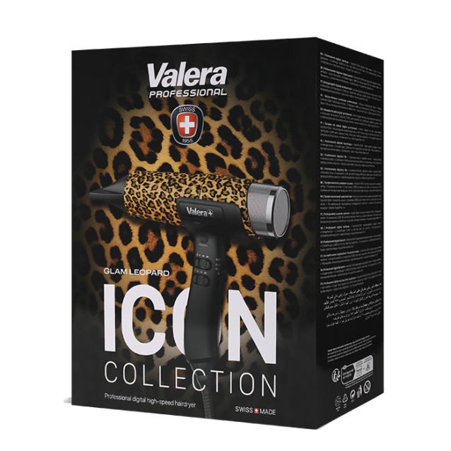 VALERA ICON GLAM LEOPARD Επαγγελματικό σεσουάρ μαλλιών με υψηλής ταχύτητας brushless EXENTIAL-100K μοτέρ 2000W και SuperFlex καλώδιο 3 μέτρων, με σύστημα Rotocord για περιστροφή 360°