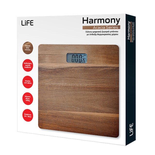 LiFE HARMONY Acacia Series Ξύλινη ψηφιακή ζυγαριά μπάνιου με ένδειξη θερμοκρασίας χώρου