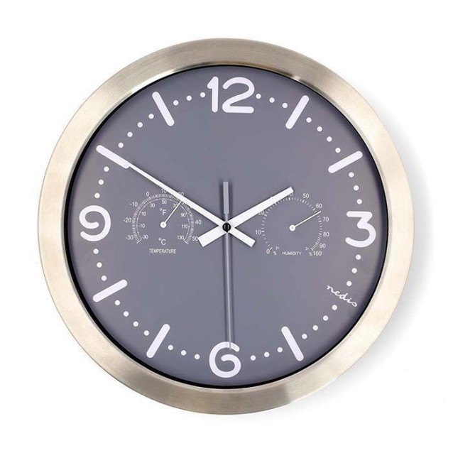 NEDIS CLWA5226SS Ρολόι τοίχου, αθόρυβο, με ενσωματωμένο θερμόμετρο και υγρόμετρο, σε γκρι χρώμα.