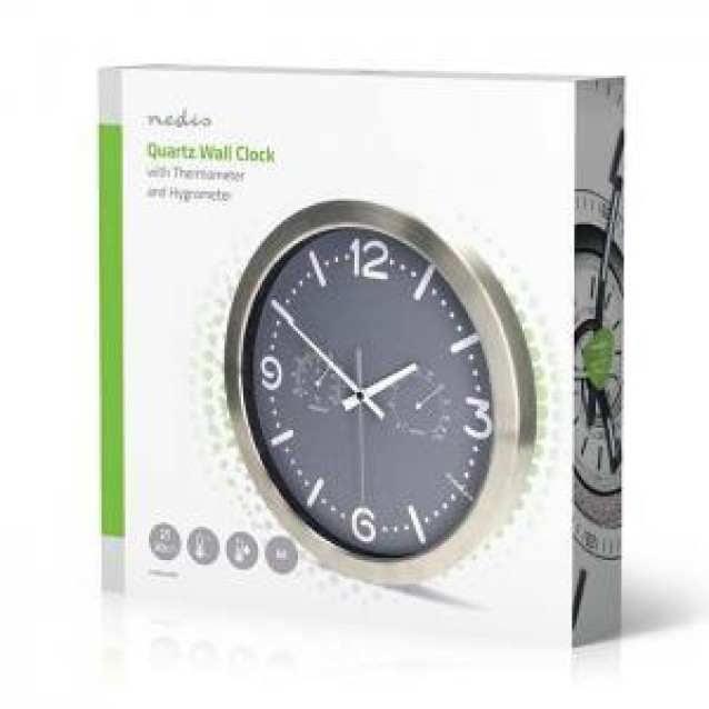 NEDIS CLWA5226SS Ρολόι τοίχου, αθόρυβο, με ενσωματωμένο θερμόμετρο και υγρόμετρο, σε γκρι χρώμα.