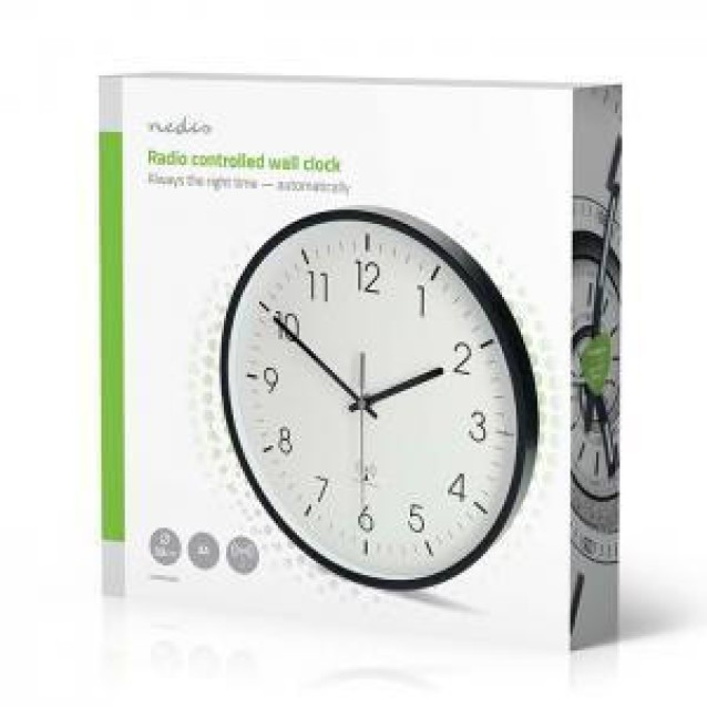 NEDIS CLWA6226BK Ρολόι τοίχου, αθόρυβο και με ραδιοελεγχόμενη ακρίβεια, σε μαύρο / λευκό χρώμα.