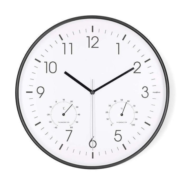 NEDIS CLWA4226BK Ρολόι τοίχου, αθόρυβο, με ενσωματωμένο θερμόμετρο και υγρόμετρο, σε λευκό/μαύρο χρώμα.