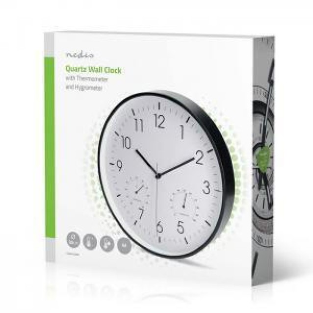 NEDIS CLWA4226BK Ρολόι τοίχου, αθόρυβο, με ενσωματωμένο θερμόμετρο και υγρόμετρο, σε λευκό/μαύρο χρώμα.