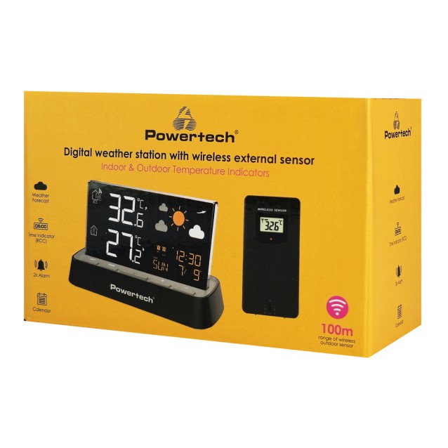 POWERTECH ψηφιακός μετεωρολογικός σταθμός PT-1658 με ασύρματο εξωτερικό αισθητήρα, ξυπνητήρι, μαύρος