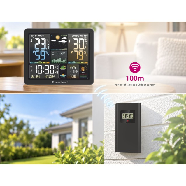 POWERTECH ψηφιακός μετεωρολογικός σταθμός PT-1660 με ασύρματο εξωτερικό αισθητήρα, ξυπνητήρι, μαύρος