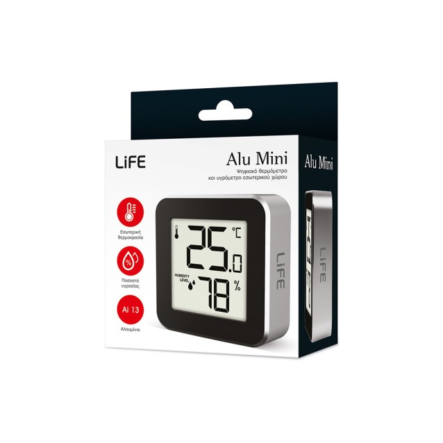 LIFE ALU MINI Ψηφιακό θερμόμετρο και υγρόμετρο εσωτερικού χώρου, με πλαίσιο αλουμινίου σε ασημί χρώμα