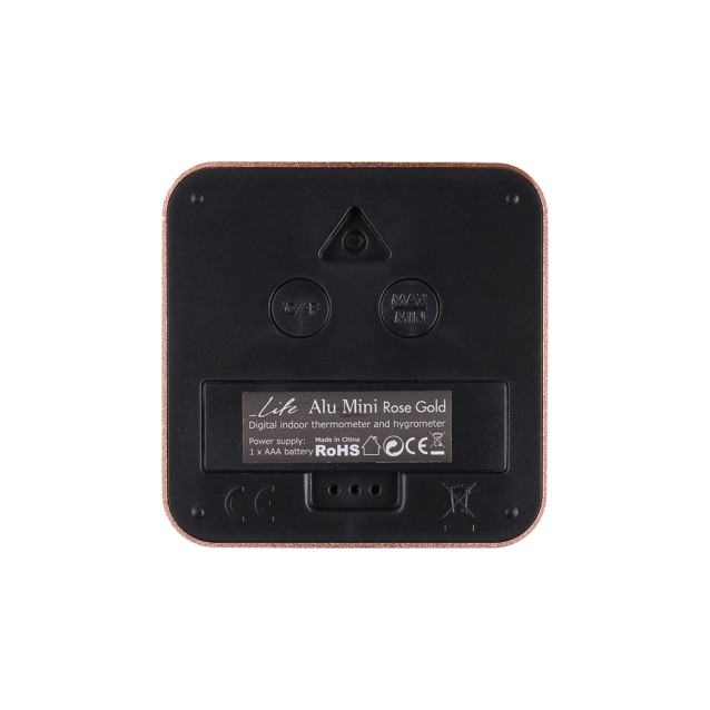 LIFE ALU MINI ROSE Ψηφιακό θερμόμετρο και υγρόμετρο εσωτερικού χώρου, με πλαίσιο αλουμινίου σε rose gold χρώμα