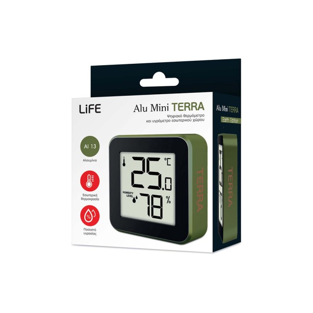LIFE ALU MINI Ψηφιακό θερμόμετρο και υγρόμετρο εσωτερικού χώρου, με πλαίσιο αλουμινίου σε cedar green χρώμα