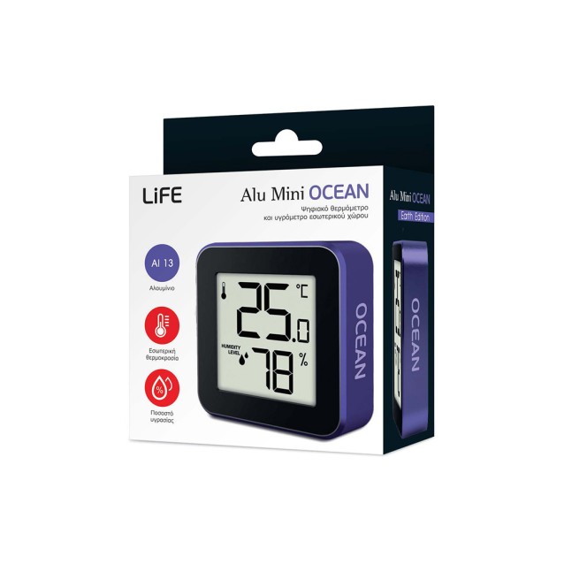 LIFE ALU MINI Ψηφιακό θερμόμετρο και υγρόμετρο εσωτερικού χώρου, με πλαίσιο αλουμινίου σε ultra violet χρώμα