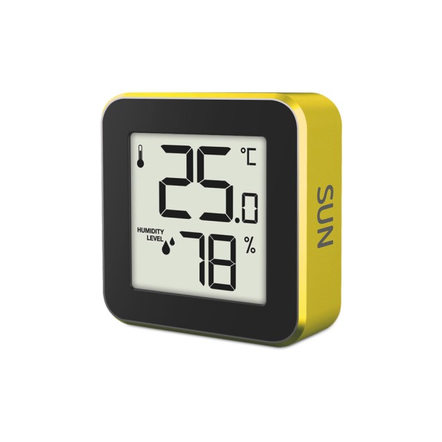LIFE ALU MINI SUN Ψηφιακό θερμόμετρο και υγρόμετρο εσωτερικού χώρου, με πλαίσιο αλουμινίου σε κίτρινο χρώμα