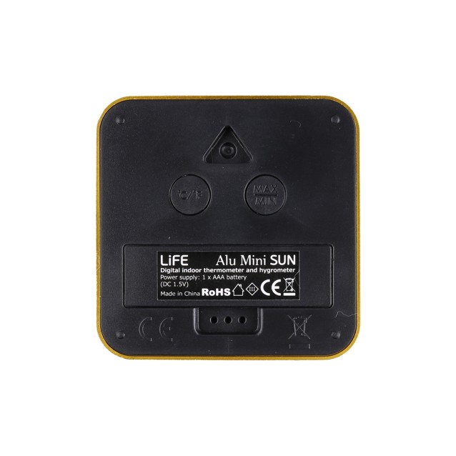 LIFE ALU MINI SUN Ψηφιακό θερμόμετρο και υγρόμετρο εσωτερικού χώρου, με πλαίσιο αλουμινίου σε κίτρινο χρώμα
