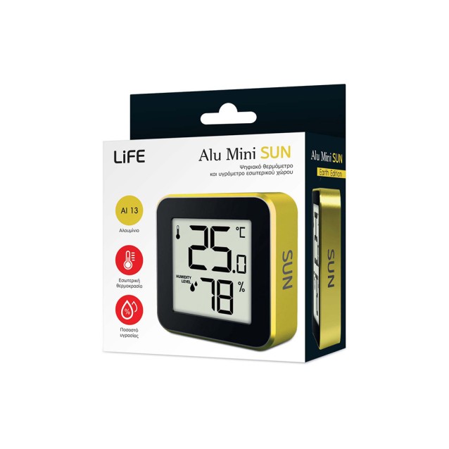 LIFE ALU MINI SUN Ψηφιακό θερμόμετρο και υγρόμετρο εσωτερικού χώρου, με πλαίσιο αλουμινίου σε κίτρινο χρώμα