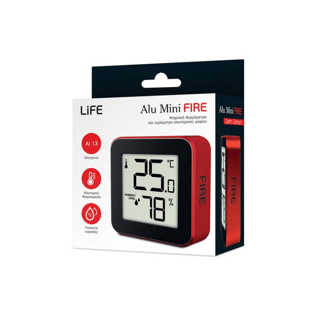 LIFE ALU MINI FIRE Ψηφιακό θερμόμετρο και υγρόμετρο εσωτερικού χώρου, με πλαίσιο αλουμινίου σε κόκκινο χρώμα 