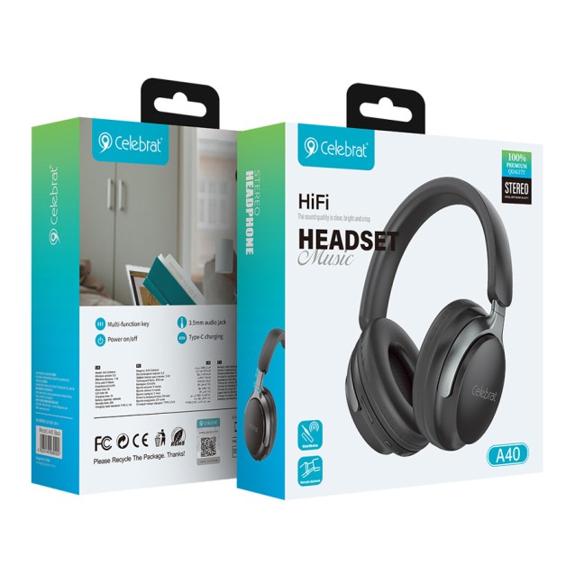 CELEBRAT headphones A40, ασύρματα & ενσύρματα, 40mm, 250mAh, μαύρα