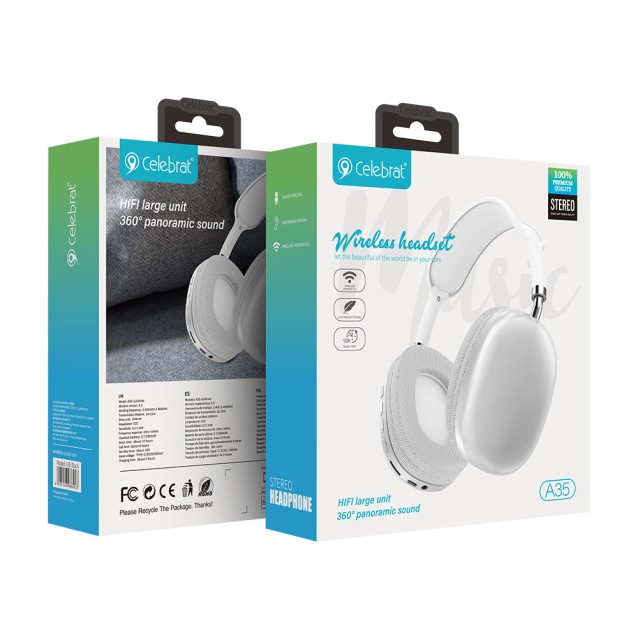 CELEBRAT headphones A35, ασύρματα & ενσύρματα, micro SD, 40mm, 200mAh, λευκά