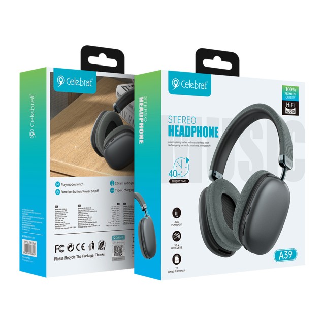 CELEBRAT headphones A39, ασύρματα & ενσύρματα, micro SD, 40mm, 400mAh, μαύρα