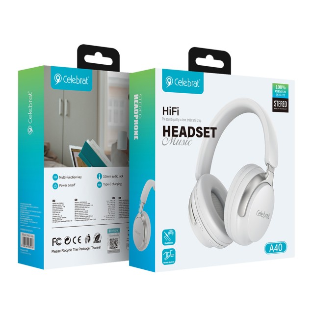 CELEBRAT headphones A40, ασύρματα & ενσύρματα, 40mm, 250mAh, λευκά