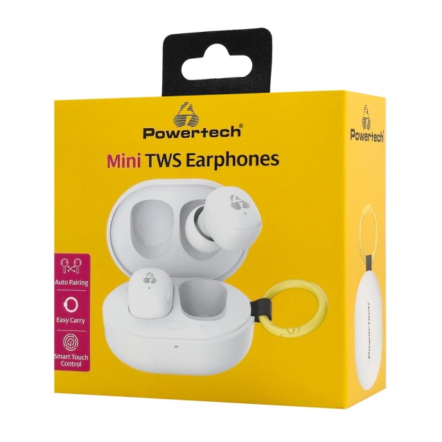 POWERTECH earphones με θήκη φόρτισης PT-1393, True Wireless, 6mm, 25/230mAh, λευκά