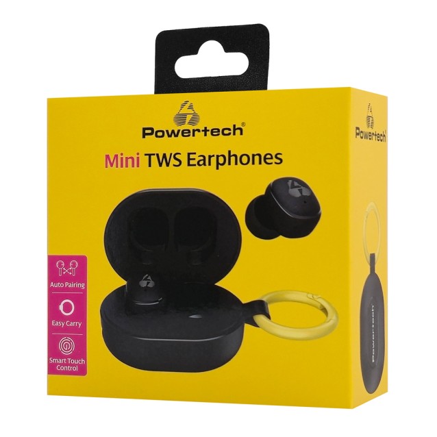 POWERTECH earphones με θήκη φόρτισης PT-1392, True Wireless, 6mm, 25/230mAh, μαύρα