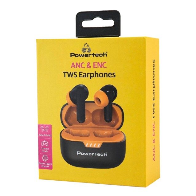 POWERTECH earphones με θήκη φόρτισης PT-1431, True Wireless, 40/400mAh, ANC & ENC, μαύρα