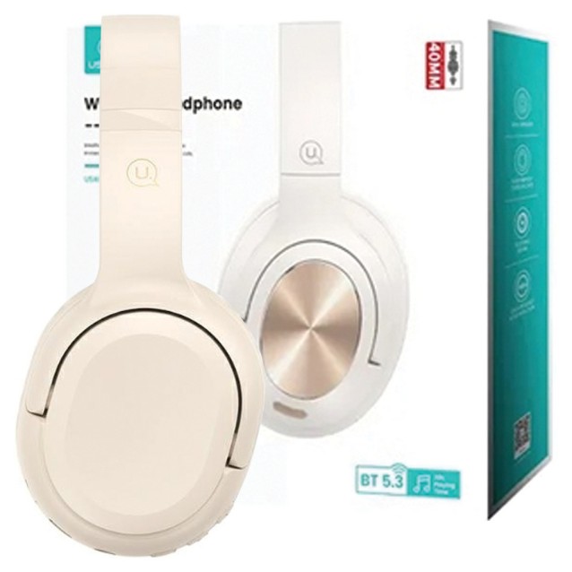 USAMS headphones YG23, ασύρματα & ενσύρματα, Φ40mm, 300mAh, μπεζ