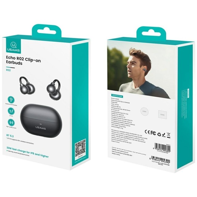 USAMS earphones με θήκη φόρτισης Echo R02, OWS, Φ11mm, 50/300mAh, μαύρα