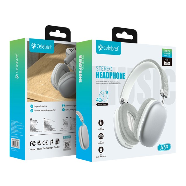 CELEBRAT headphones A39, ασύρματα & ενσύρματα, micro SD, 40mm, 400mAh, ασημί