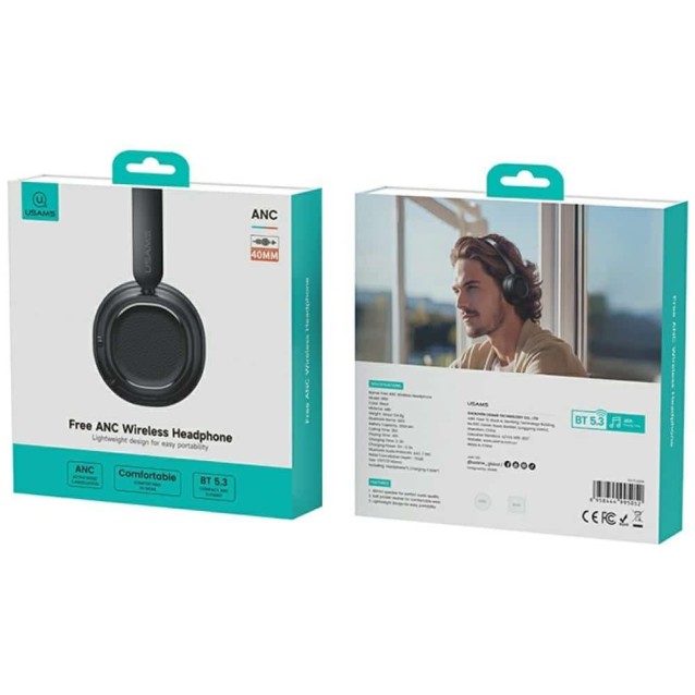 USAMS headphones SR01, ασύρματα, ANC, Φ40mm, 350mAh, μαύρα