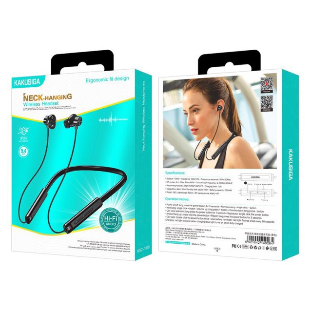 KAKUSIGA earphones KSC-1878 με μαγνήτη, Bluetooth, 10mm, 200mAh, μαύρα