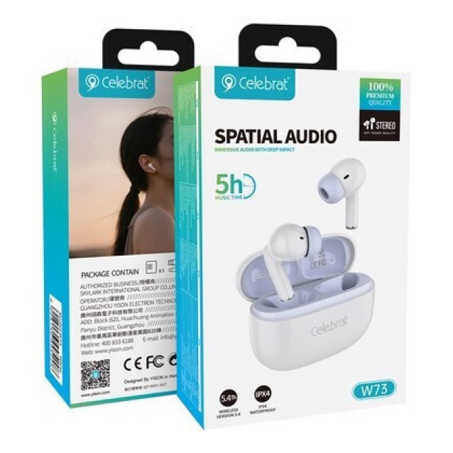 CELEBRAT earphones με θήκη φόρτισης W73, True Wireless, 13mm, 33/380mAh, λευκά